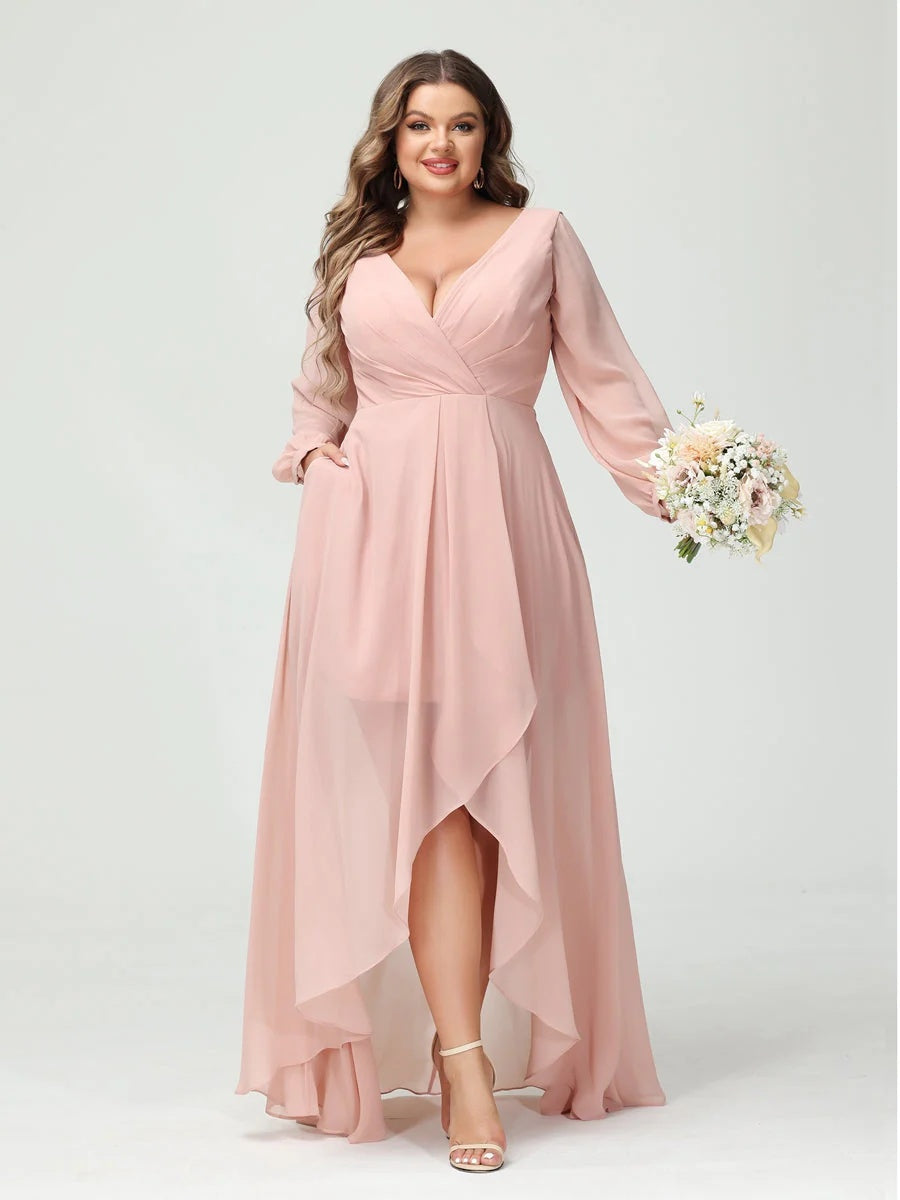 Plus Size Asymmetrical A-Line Bridesmaid Dress with V-Neck and Long Sleeves, Featuring Pockets