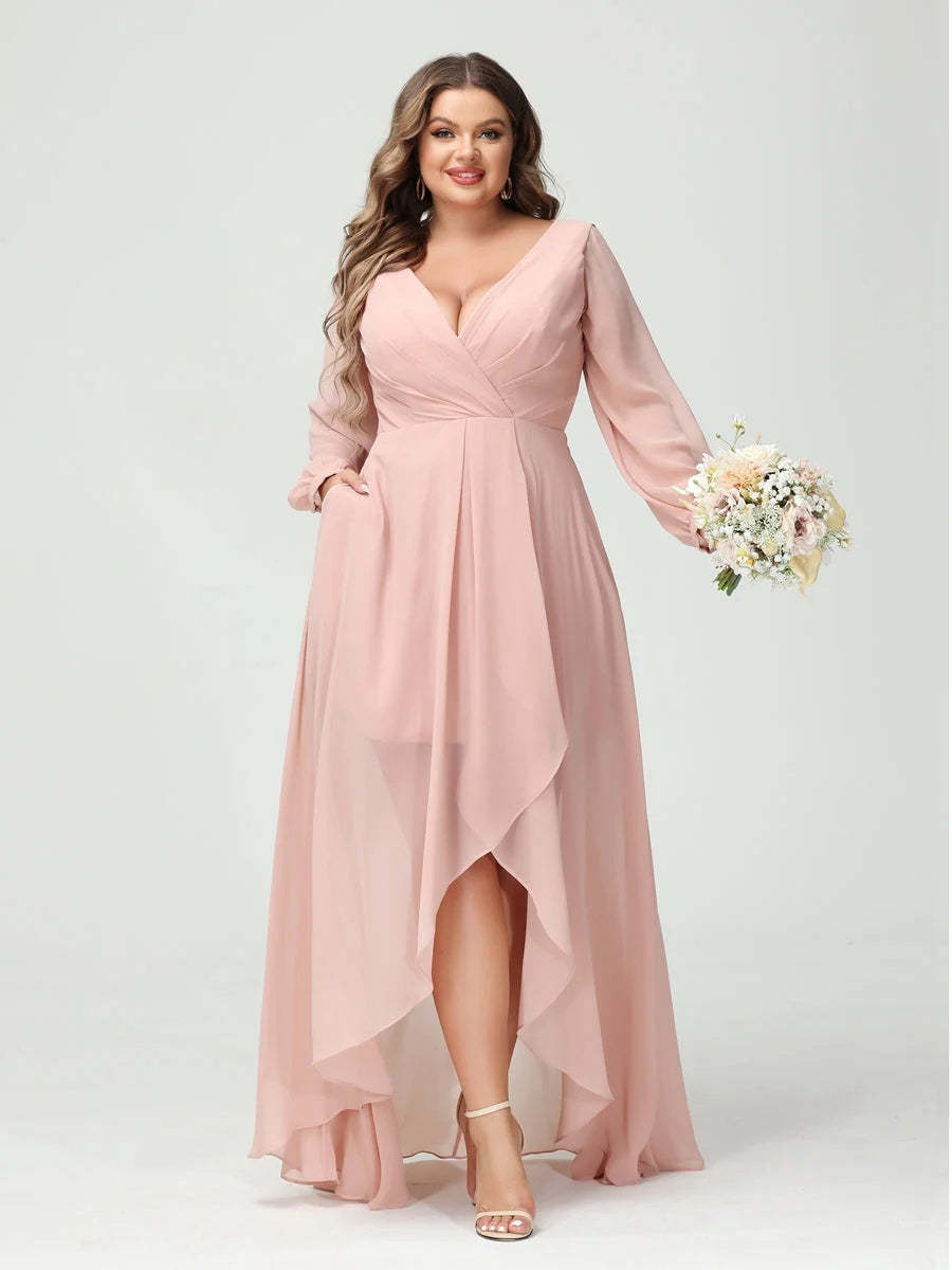 Plus Size Asymmetrical A-Line Bridesmaid Dress with V-Neck and Long Sleeves, Featuring Pockets