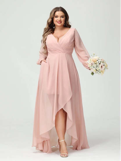 Plus Size Asymmetrical A-Line Bridesmaid Dress with V-Neck and Long Sleeves, Featuring Pockets