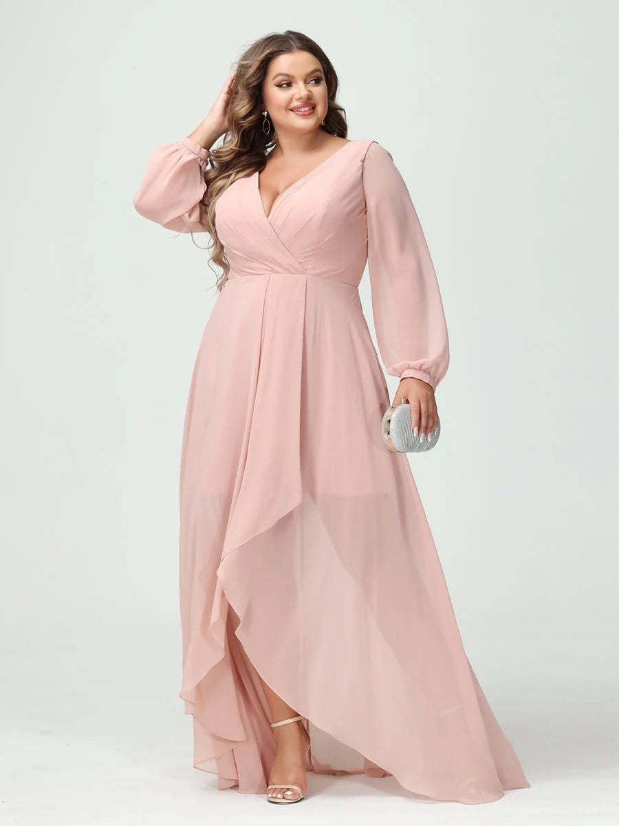 Plus Size Asymmetrical A-Line Bridesmaid Dress with V-Neck and Long Sleeves, Featuring Pockets