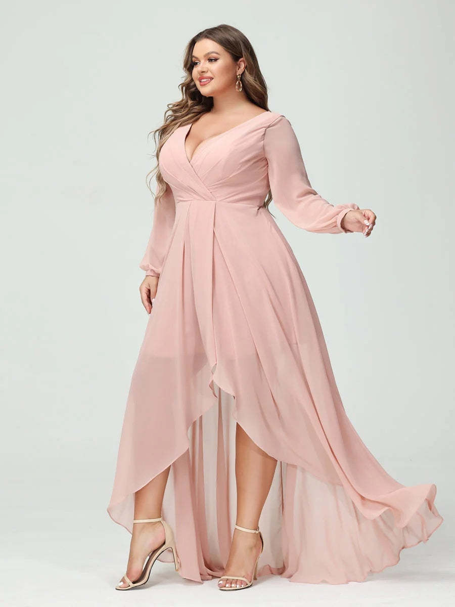 Plus Size Asymmetrical A-Line Bridesmaid Dress with V-Neck and Long Sleeves, Featuring Pockets