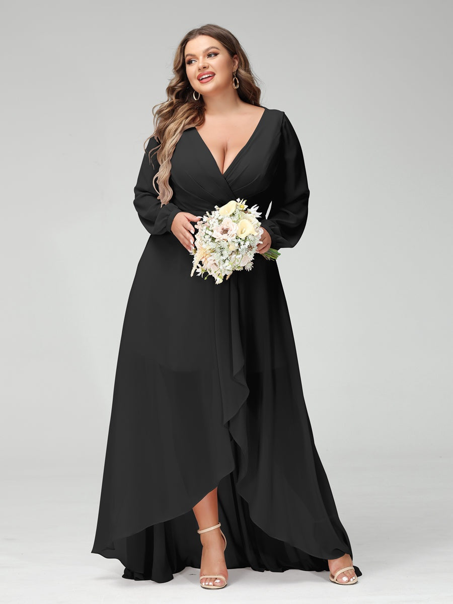 Plus Size Asymmetrical A-Line Bridesmaid Dress with V-Neck and Long Sleeves, Featuring Pockets