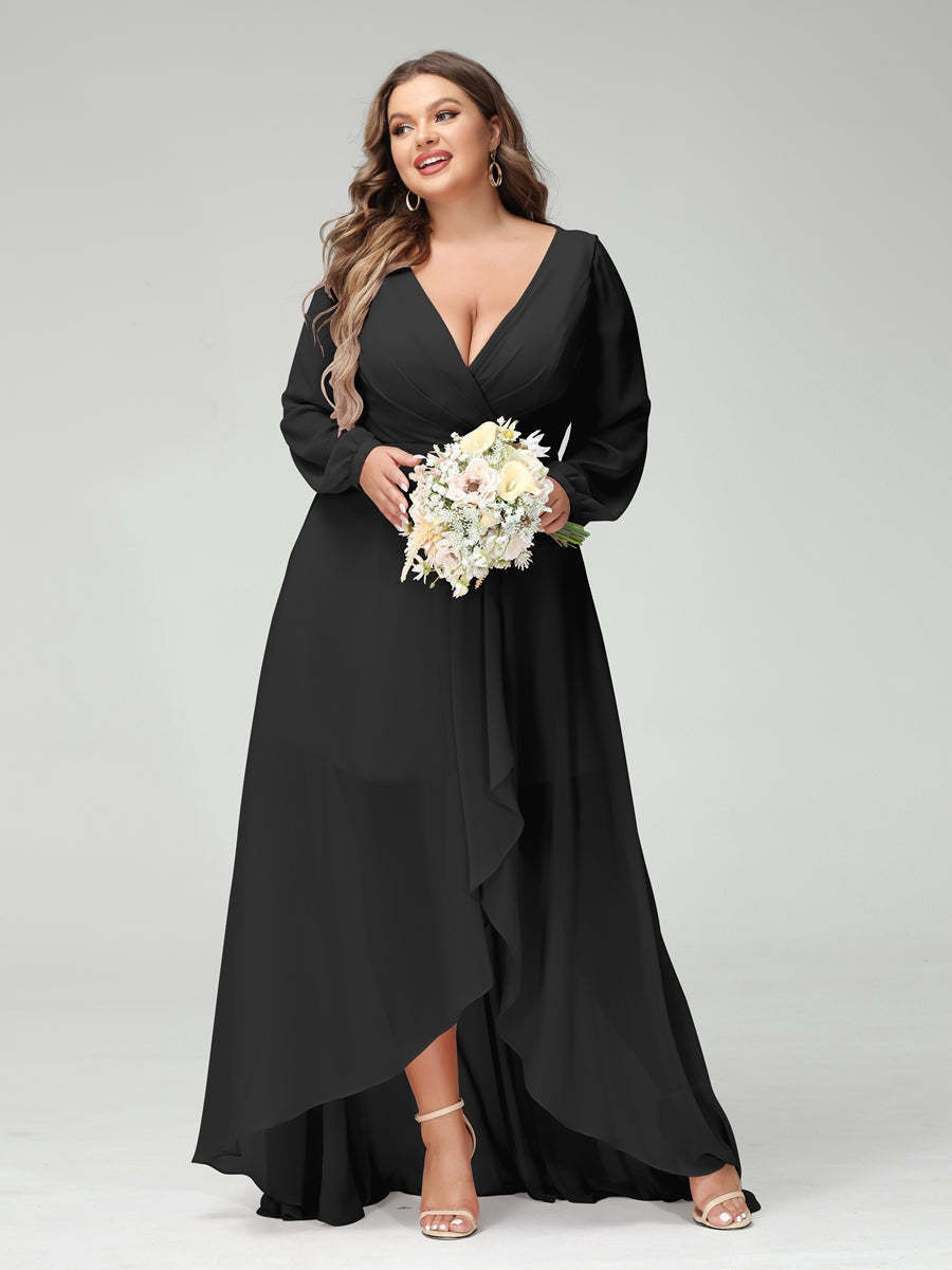Plus Size Asymmetrical A-Line Bridesmaid Dress with V-Neck and Long Sleeves, Featuring Pockets