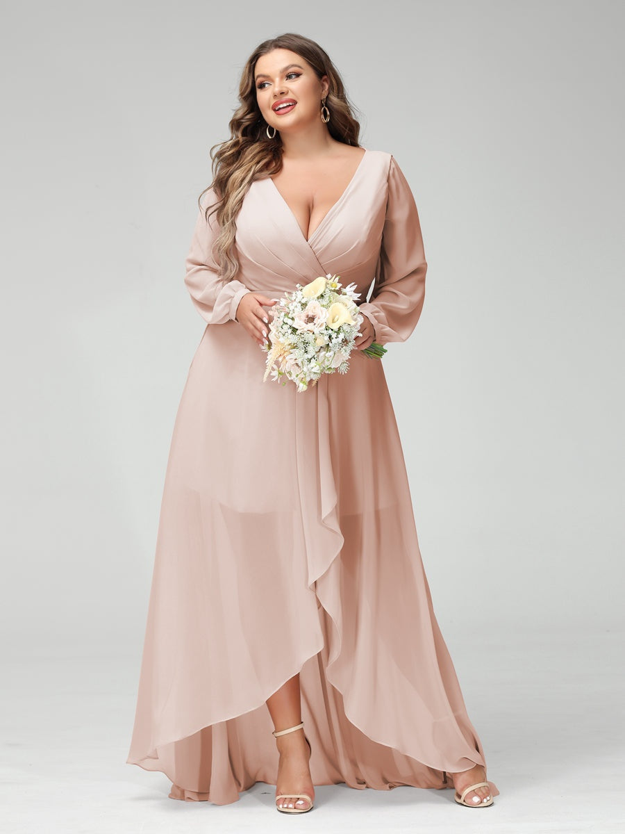 Plus Size Asymmetrical A-Line Bridesmaid Dress with V-Neck and Long Sleeves, Featuring Pockets