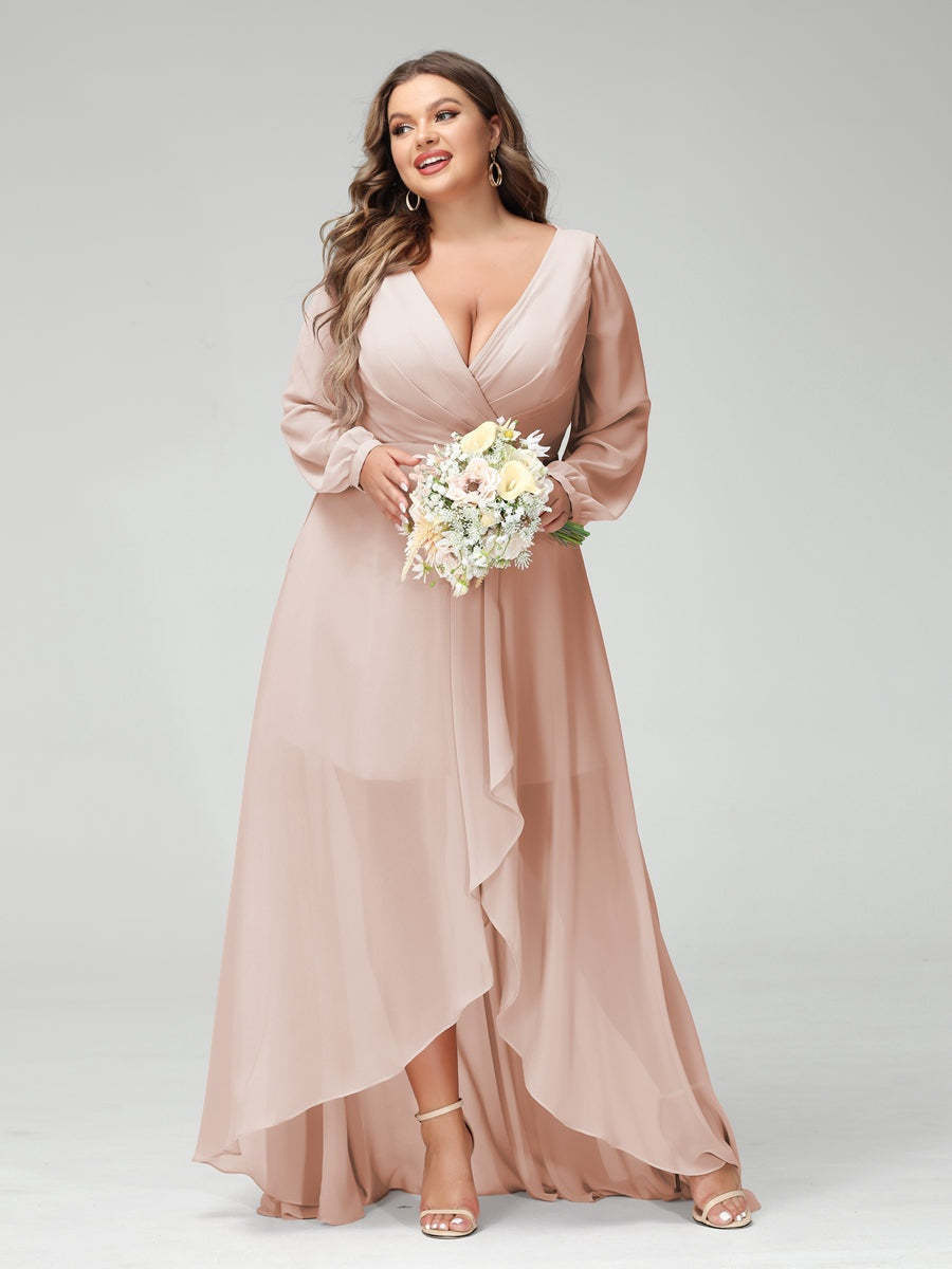 Plus Size Asymmetrical A-Line Bridesmaid Dress with V-Neck and Long Sleeves, Featuring Pockets