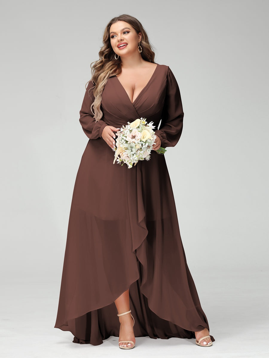 Plus Size Asymmetrical A-Line Bridesmaid Dress with V-Neck and Long Sleeves, Featuring Pockets