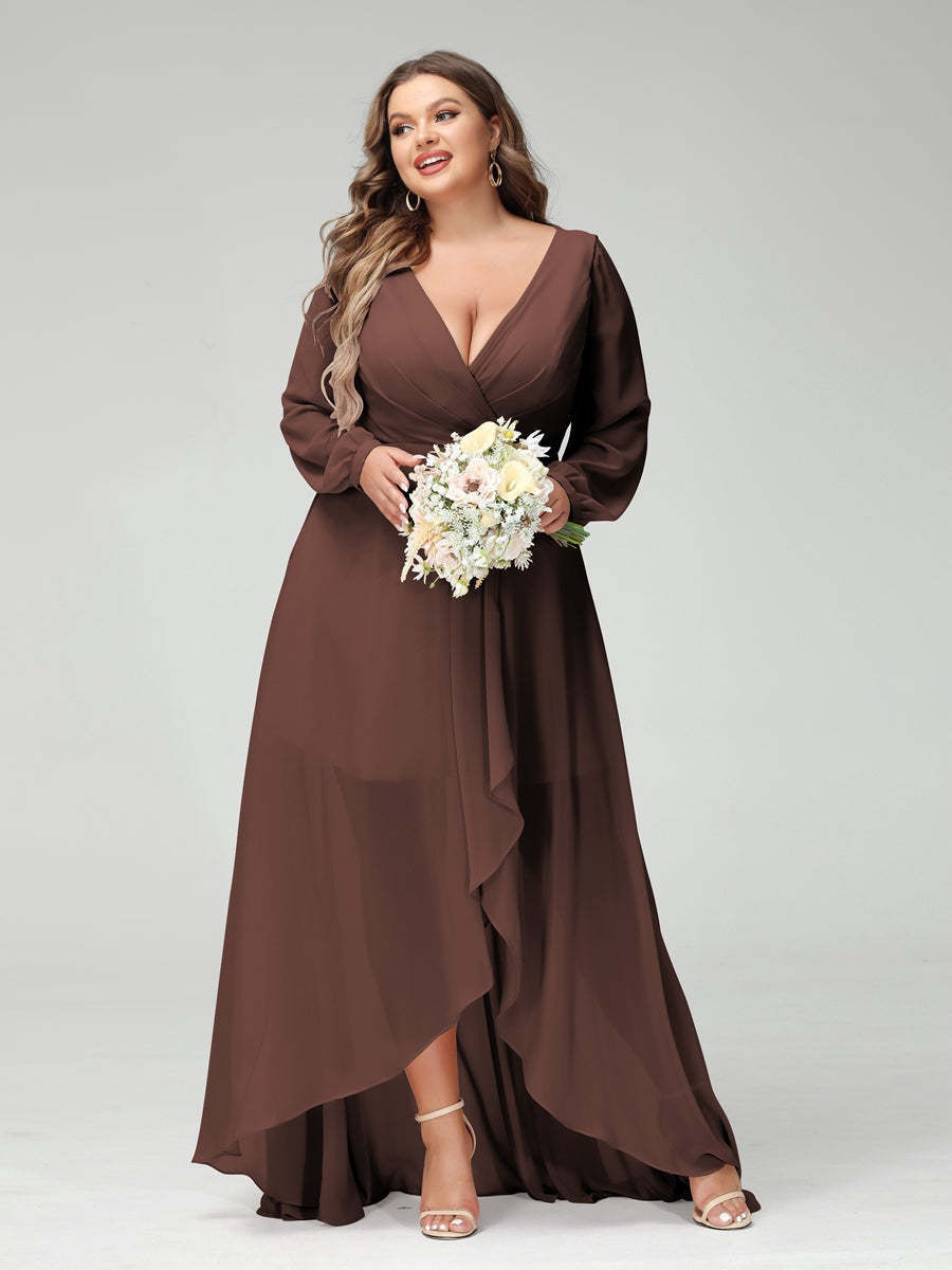 Plus Size Asymmetrical A-Line Bridesmaid Dress with V-Neck and Long Sleeves, Featuring Pockets