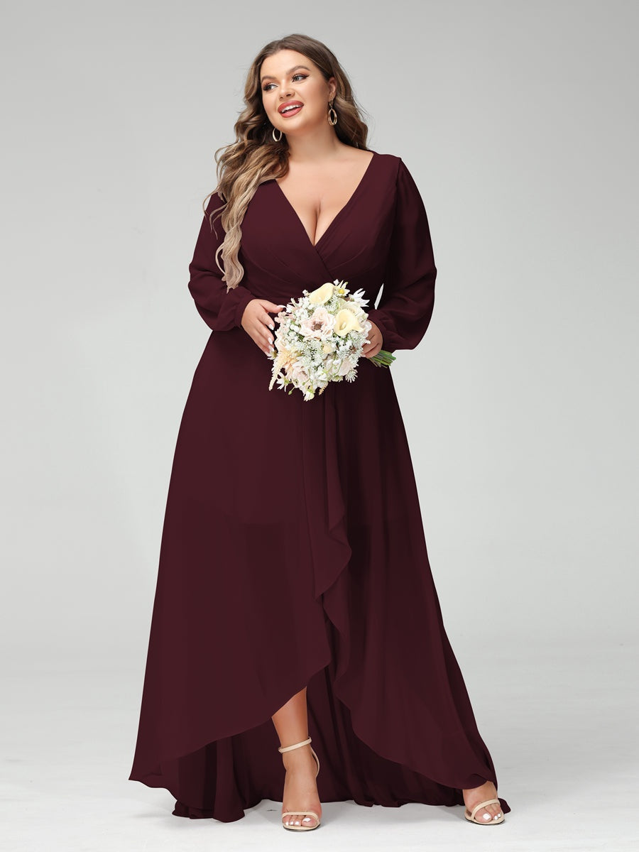 Plus Size Asymmetrical A-Line Bridesmaid Dress with V-Neck and Long Sleeves, Featuring Pockets