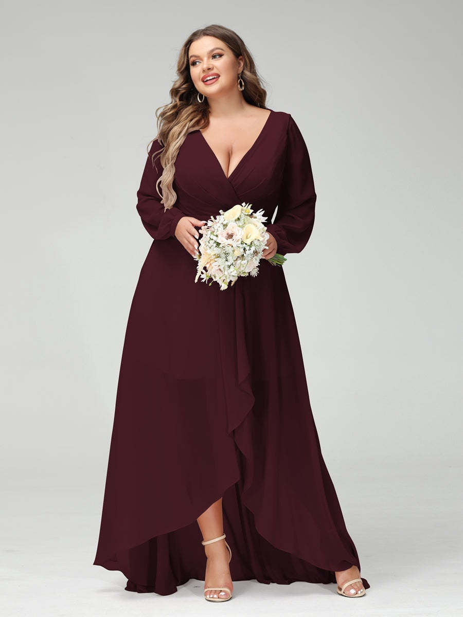 Plus Size Asymmetrical A-Line Bridesmaid Dress with V-Neck and Long Sleeves, Featuring Pockets