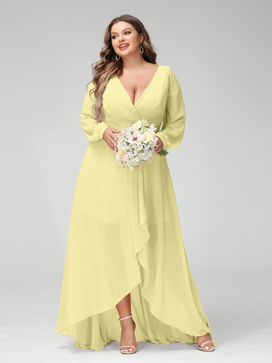 Plus Size Asymmetrical A-Line Bridesmaid Dress with V-Neck and Long Sleeves, Featuring Pockets