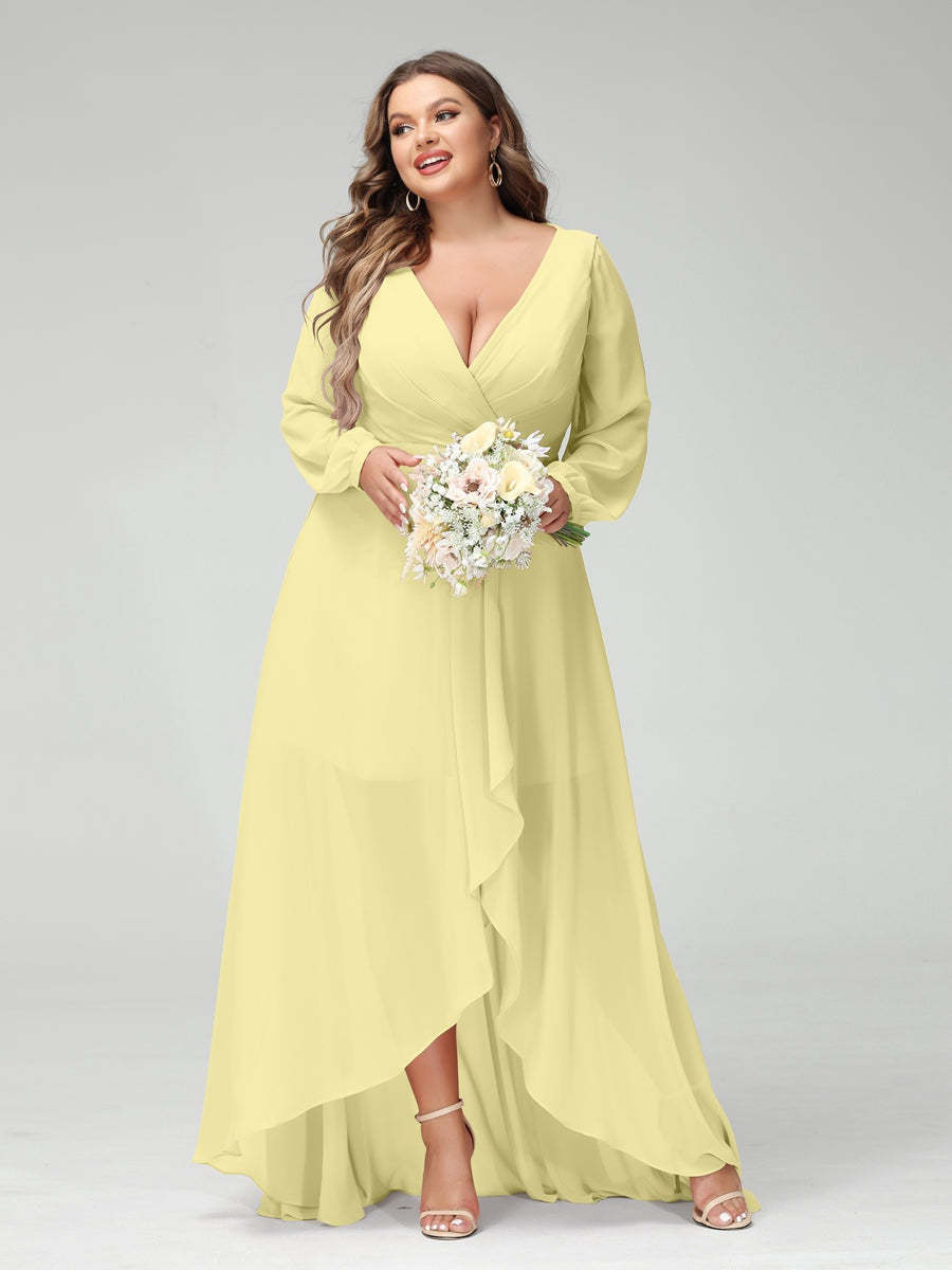 Plus Size Asymmetrical A-Line Bridesmaid Dress with V-Neck and Long Sleeves, Featuring Pockets