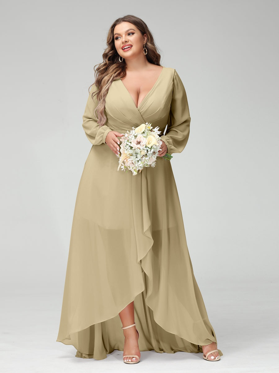 Plus Size Asymmetrical A-Line Bridesmaid Dress with V-Neck and Long Sleeves, Featuring Pockets
