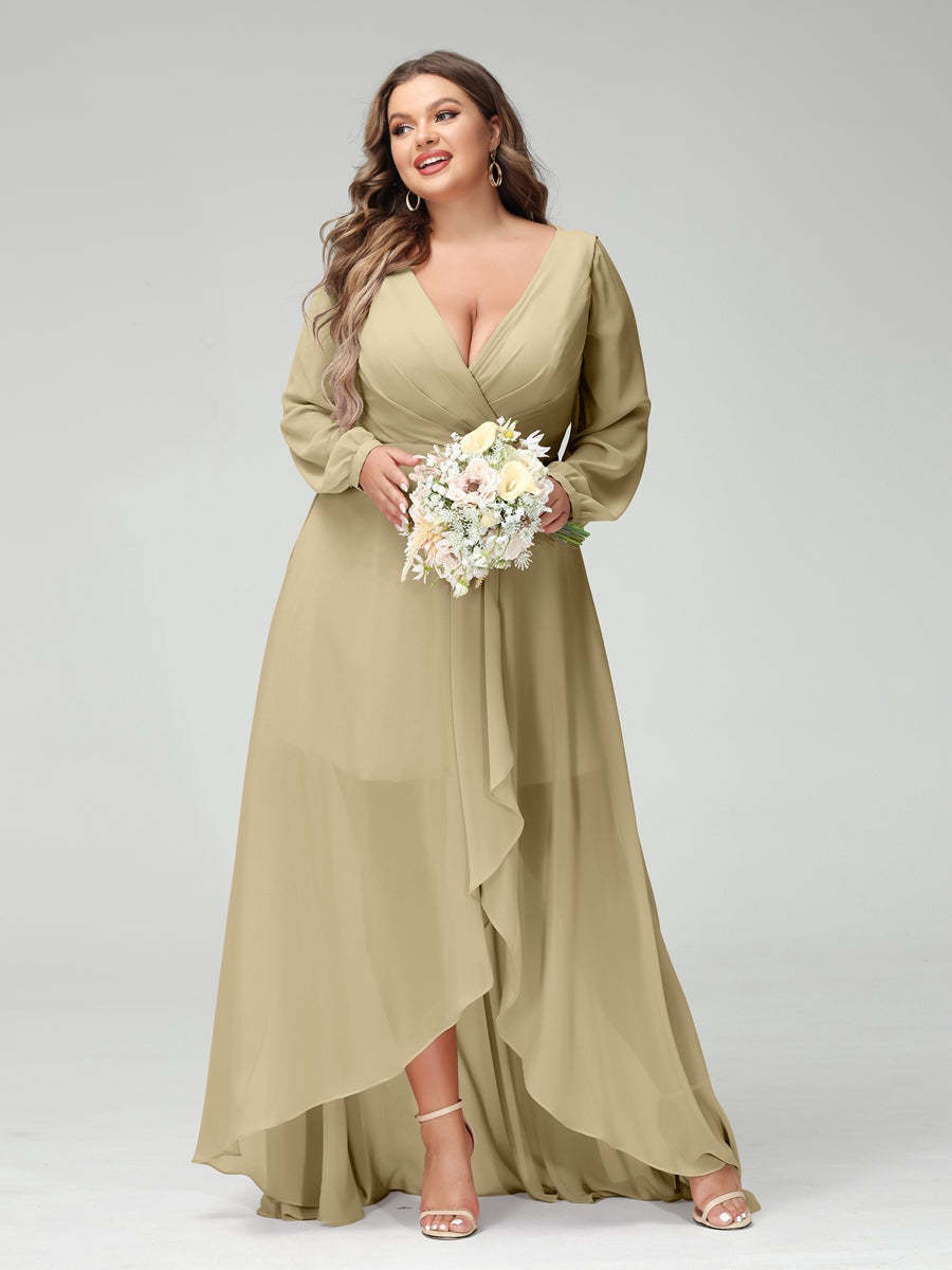 Plus Size Asymmetrical A-Line Bridesmaid Dress with V-Neck and Long Sleeves, Featuring Pockets