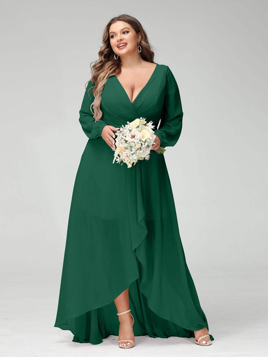 Plus Size Asymmetrical A-Line Bridesmaid Dress with V-Neck and Long Sleeves, Featuring Pockets