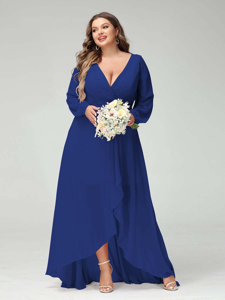 Plus Size Asymmetrical A-Line Bridesmaid Dress with V-Neck and Long Sleeves, Featuring Pockets