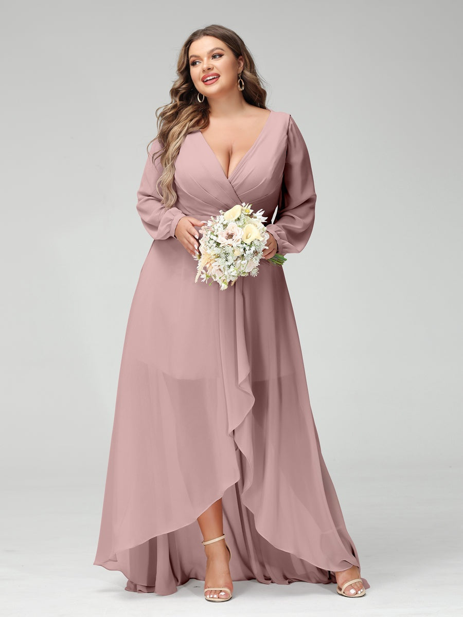Plus Size Asymmetrical A-Line Bridesmaid Dress with V-Neck and Long Sleeves, Featuring Pockets