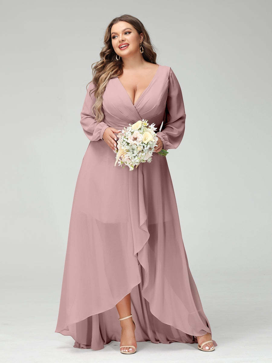 Plus Size Asymmetrical A-Line Bridesmaid Dress with V-Neck and Long Sleeves, Featuring Pockets