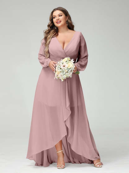 Plus Size Asymmetrical A-Line Bridesmaid Dress with V-Neck and Long Sleeves, Featuring Pockets