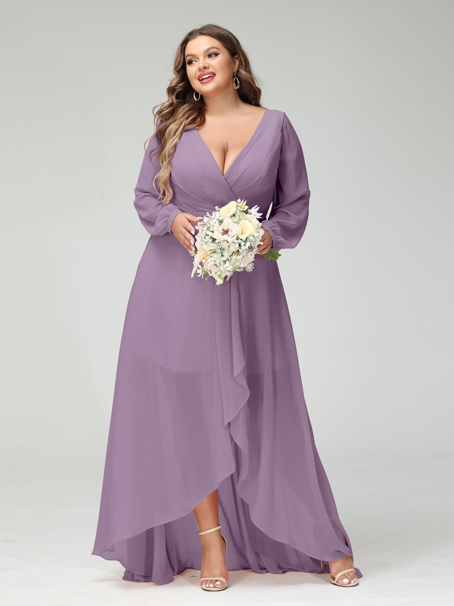 Plus Size Asymmetrical A-Line Bridesmaid Dress with V-Neck and Long Sleeves, Featuring Pockets