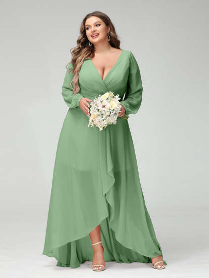 Plus Size Asymmetrical A-Line Bridesmaid Dress with V-Neck and Long Sleeves, Featuring Pockets