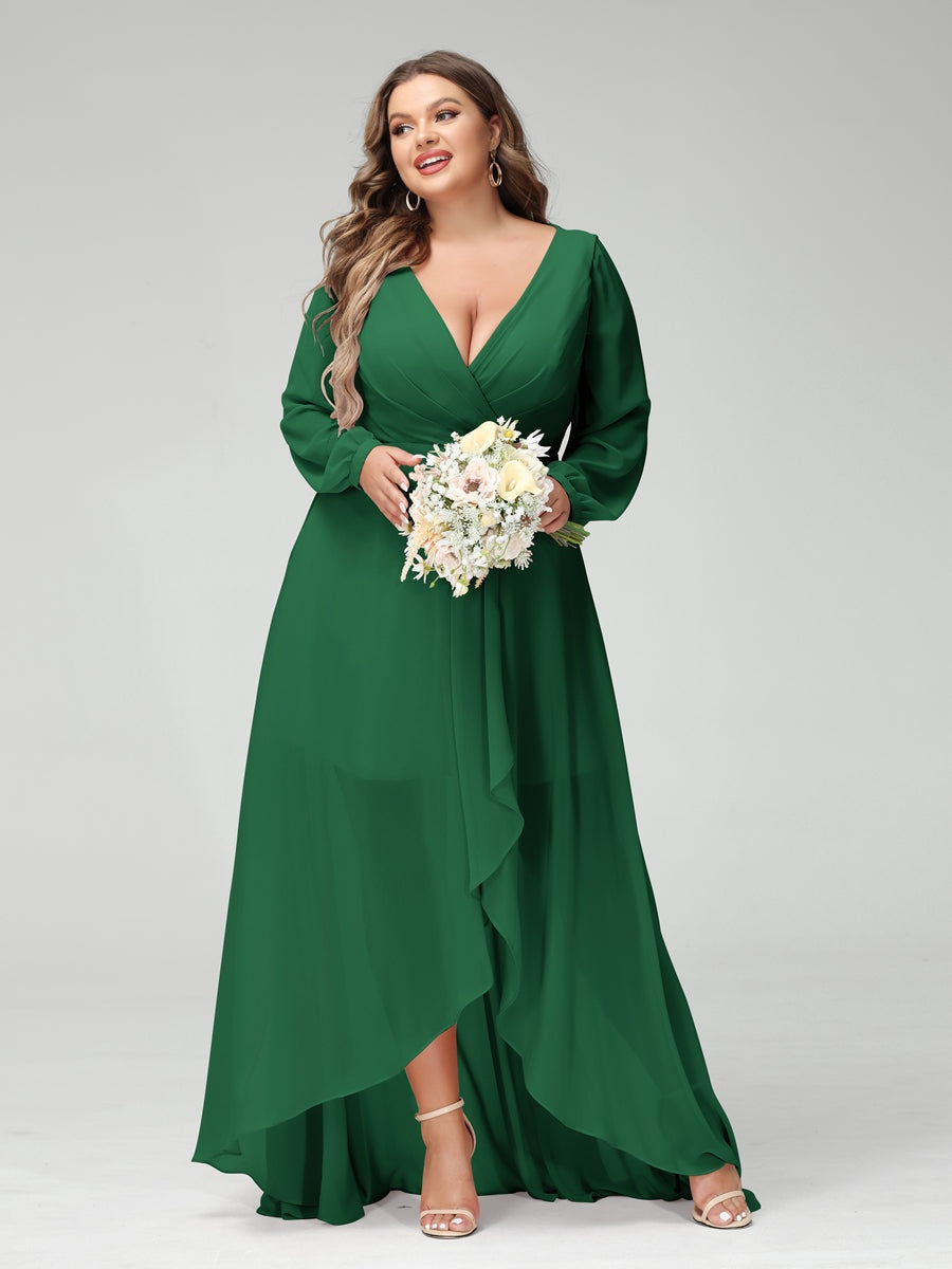 Plus Size Asymmetrical A-Line Bridesmaid Dress with V-Neck and Long Sleeves, Featuring Pockets