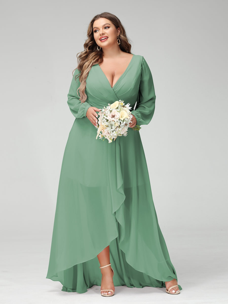 Plus Size Asymmetrical A-Line Bridesmaid Dress with V-Neck and Long Sleeves, Featuring Pockets