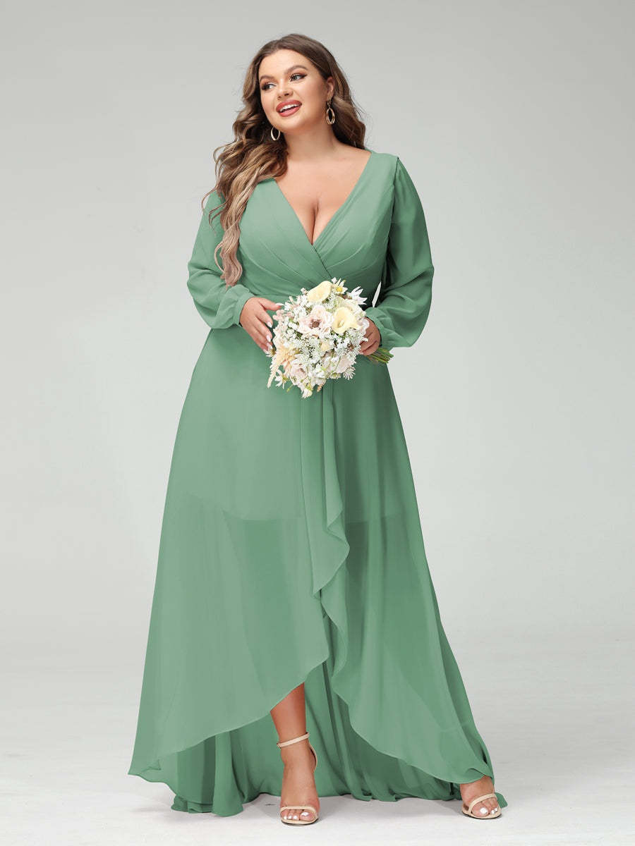Plus Size Asymmetrical A-Line Bridesmaid Dress with V-Neck and Long Sleeves, Featuring Pockets