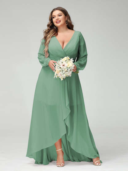 Plus Size Asymmetrical A-Line Bridesmaid Dress with V-Neck and Long Sleeves, Featuring Pockets
