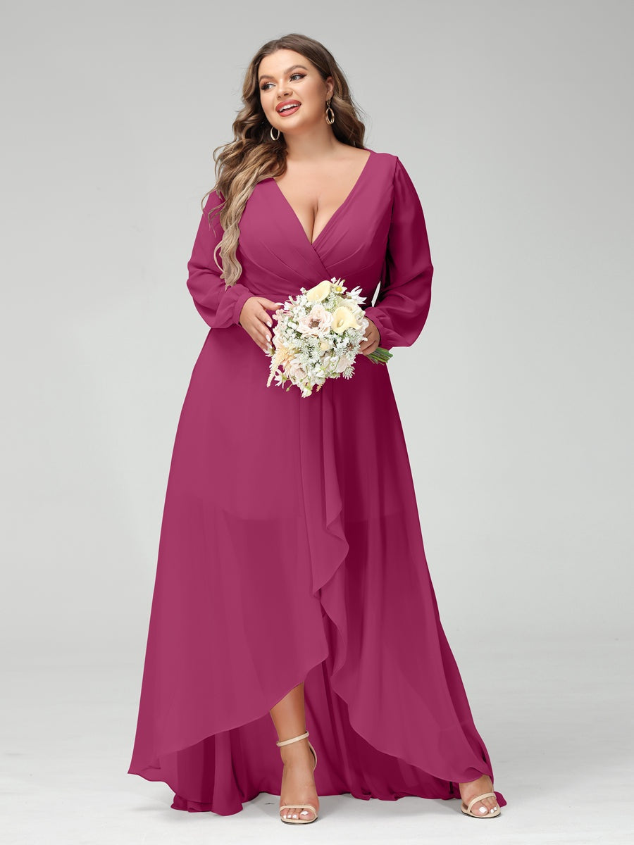 Plus Size Asymmetrical A-Line Bridesmaid Dress with V-Neck and Long Sleeves, Featuring Pockets