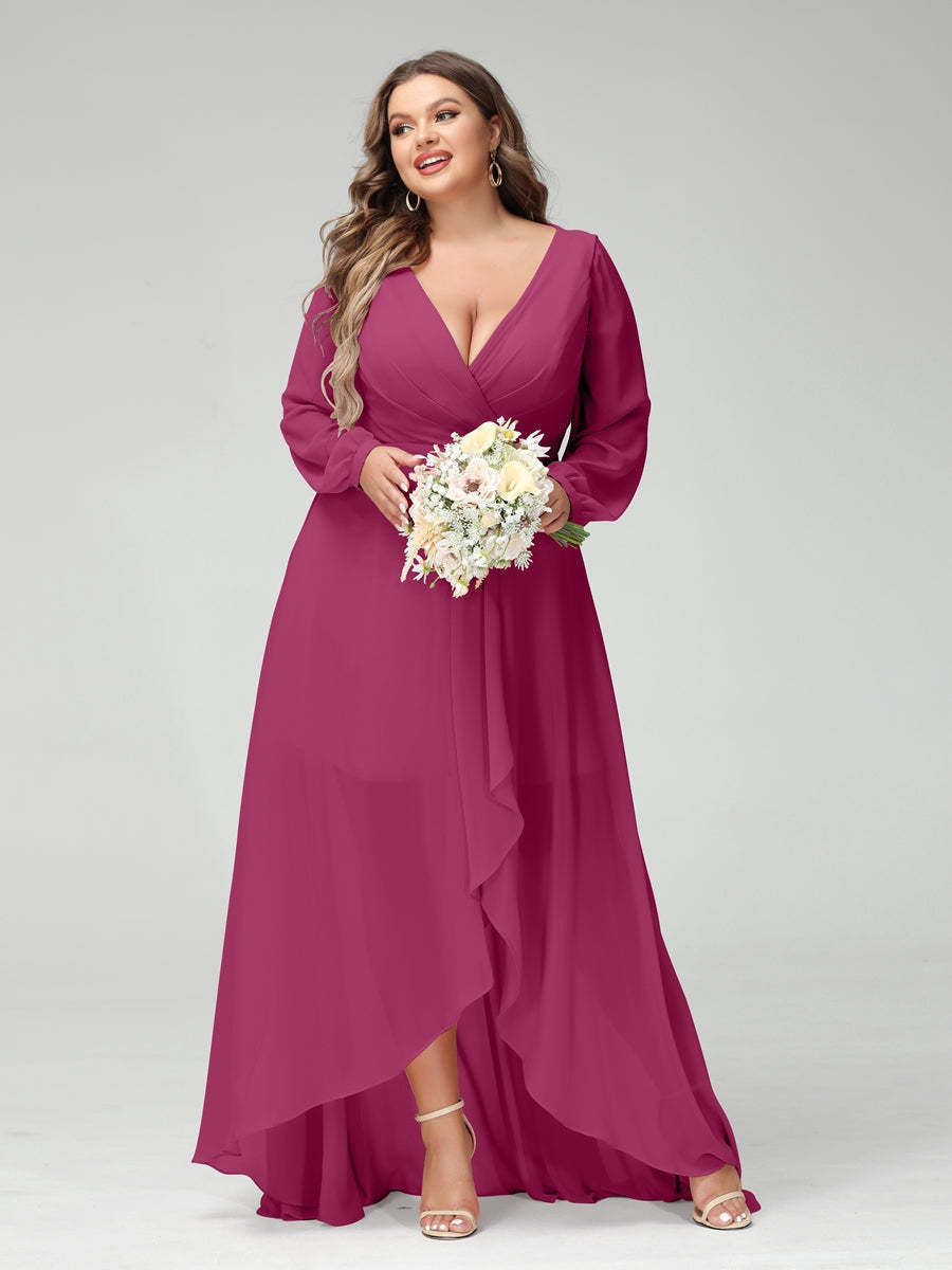 Plus Size Asymmetrical A-Line Bridesmaid Dress with V-Neck and Long Sleeves, Featuring Pockets