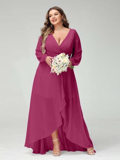 Plus Size Asymmetrical A-Line Bridesmaid Dress with V-Neck and Long Sleeves, Featuring Pockets