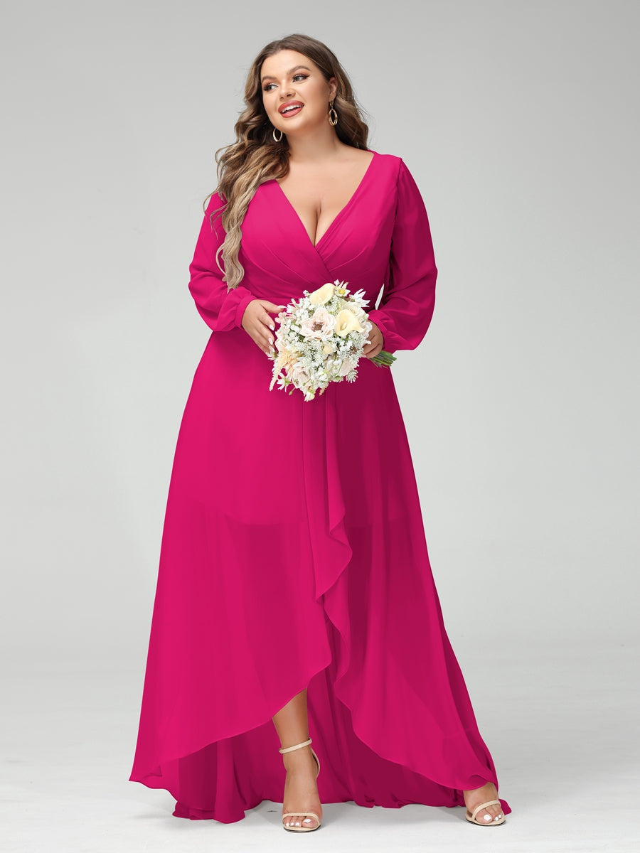 Plus Size Asymmetrical A-Line Bridesmaid Dress with V-Neck and Long Sleeves, Featuring Pockets