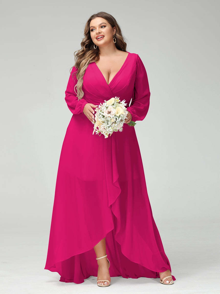 Plus Size Asymmetrical A-Line Bridesmaid Dress with V-Neck and Long Sleeves, Featuring Pockets