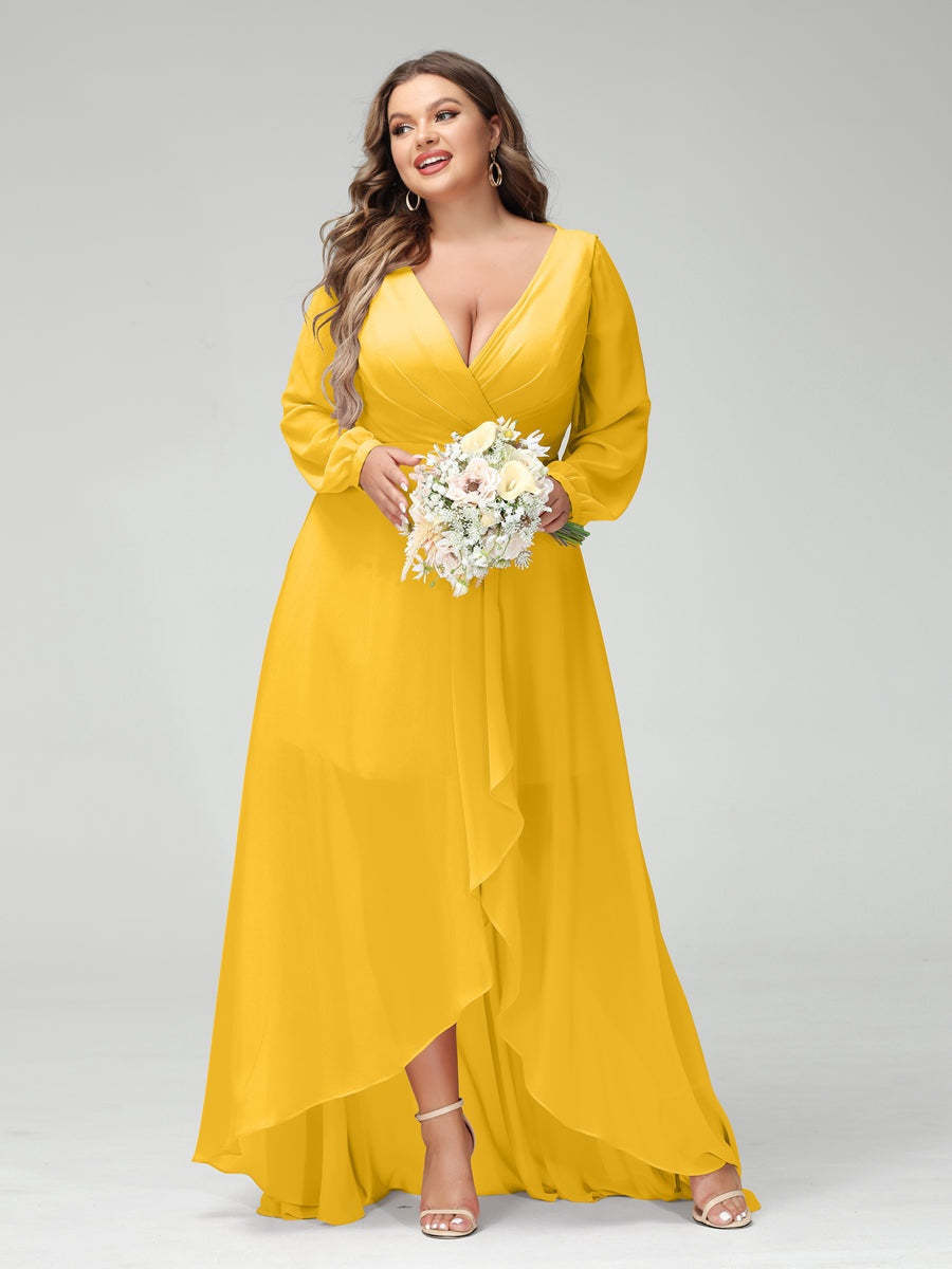 Plus Size Asymmetrical A-Line Bridesmaid Dress with V-Neck and Long Sleeves, Featuring Pockets