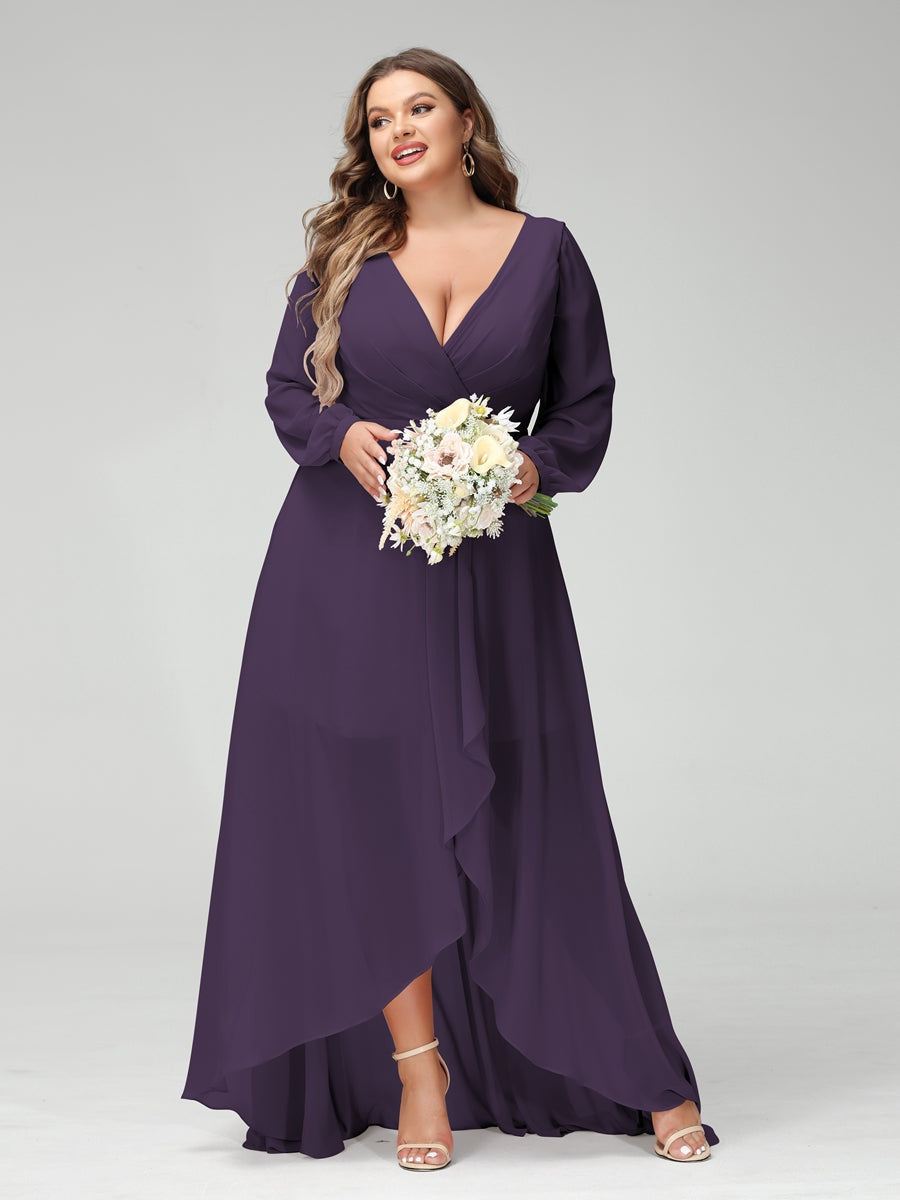 Plus Size Asymmetrical A-Line Bridesmaid Dress with V-Neck and Long Sleeves, Featuring Pockets