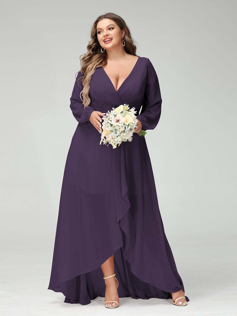 Plus Size Asymmetrical A-Line Bridesmaid Dress with V-Neck and Long Sleeves, Featuring Pockets