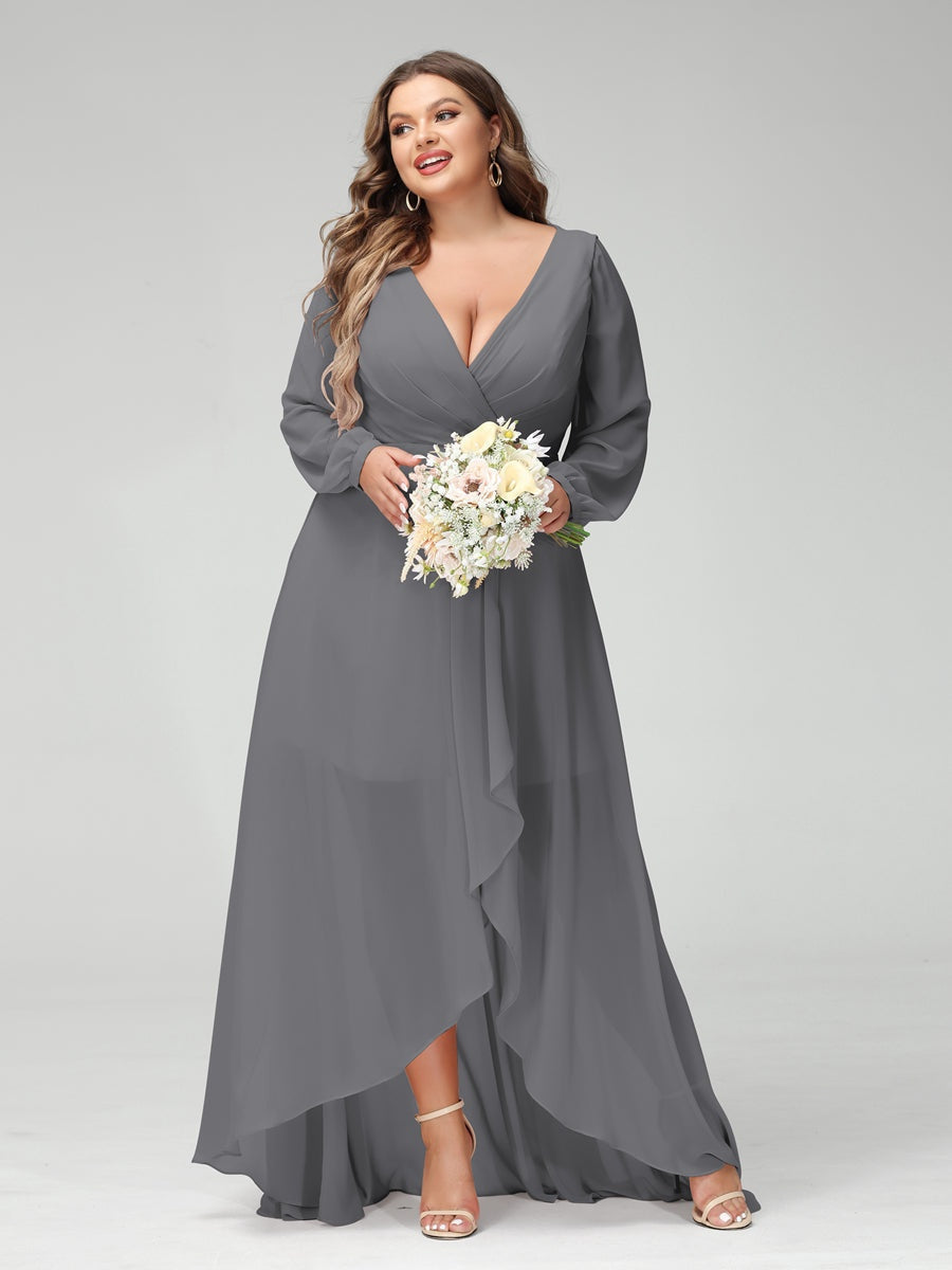 Plus Size Asymmetrical A-Line Bridesmaid Dress with V-Neck and Long Sleeves, Featuring Pockets