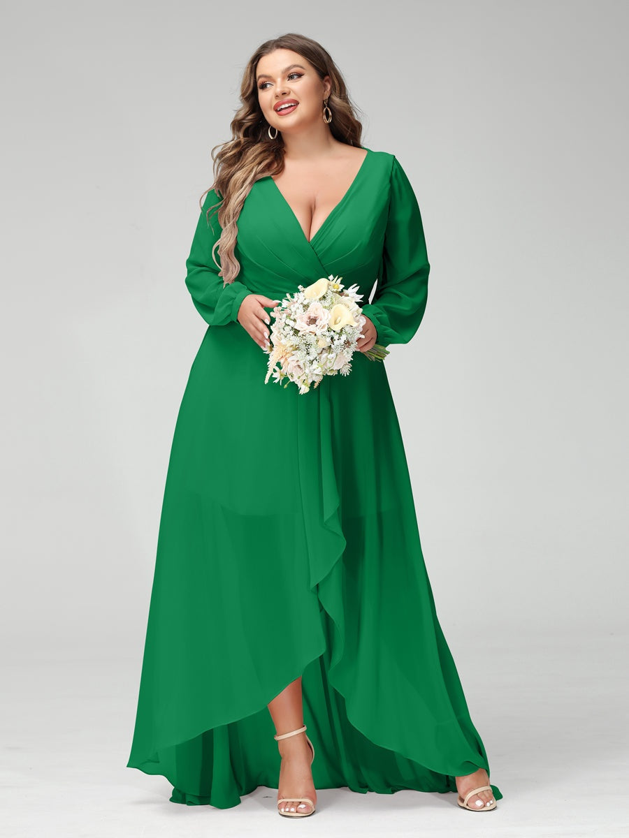 Plus Size Asymmetrical A-Line Bridesmaid Dress with V-Neck and Long Sleeves, Featuring Pockets