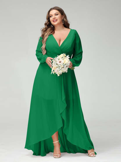 Plus Size Asymmetrical A-Line Bridesmaid Dress with V-Neck and Long Sleeves, Featuring Pockets
