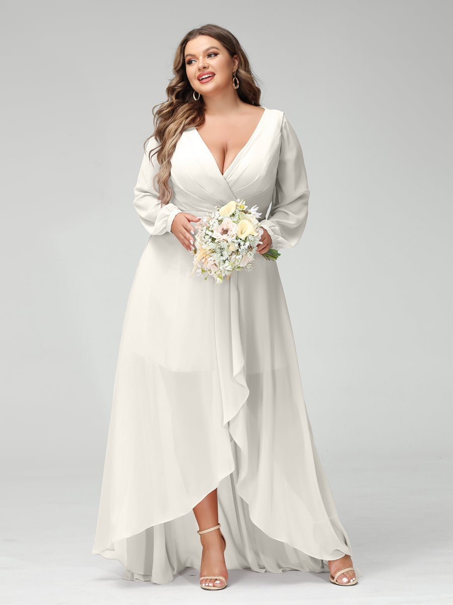 Plus Size Asymmetrical A-Line Bridesmaid Dress with V-Neck and Long Sleeves, Featuring Pockets