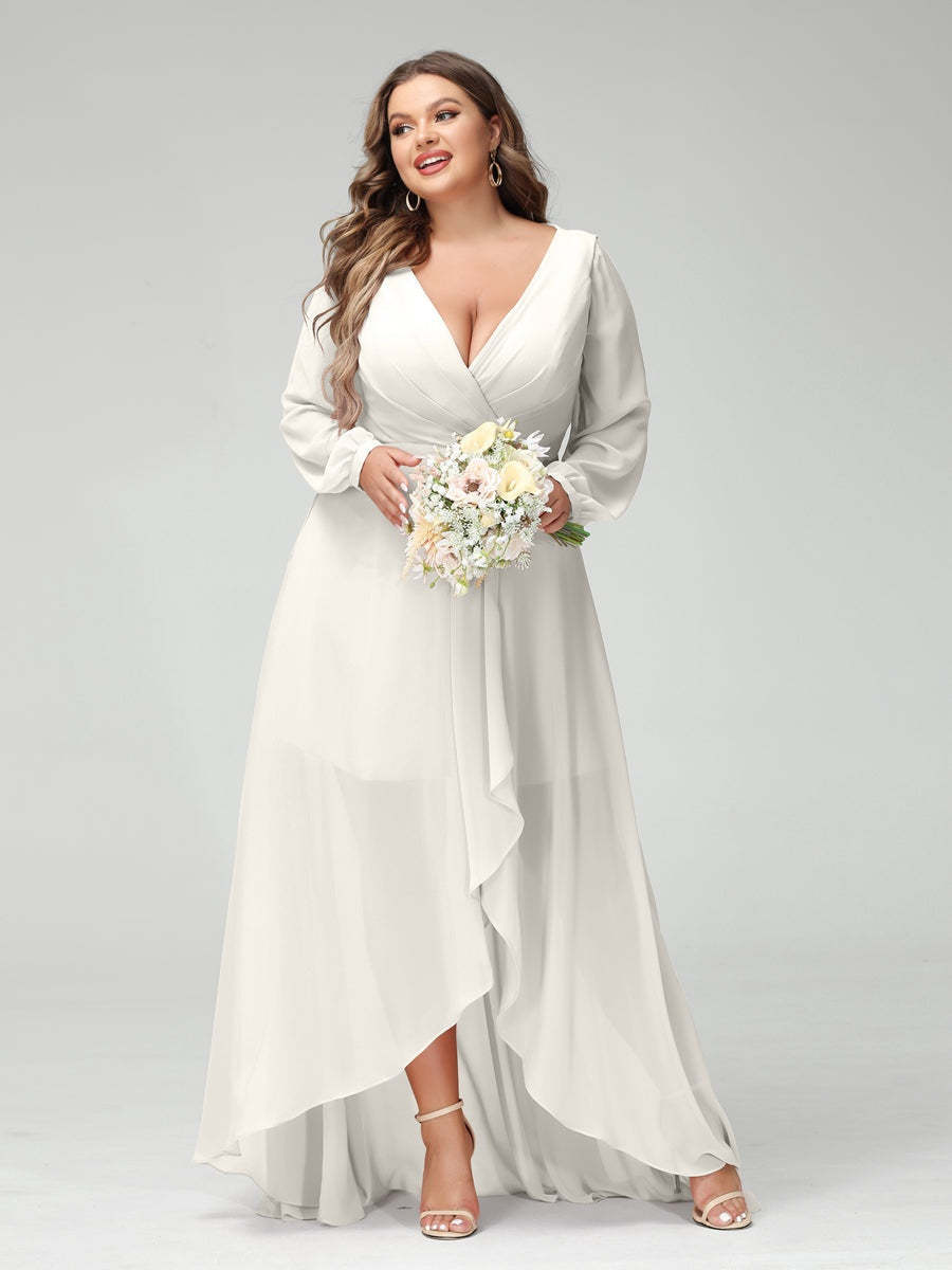 Plus Size Asymmetrical A-Line Bridesmaid Dress with V-Neck and Long Sleeves, Featuring Pockets