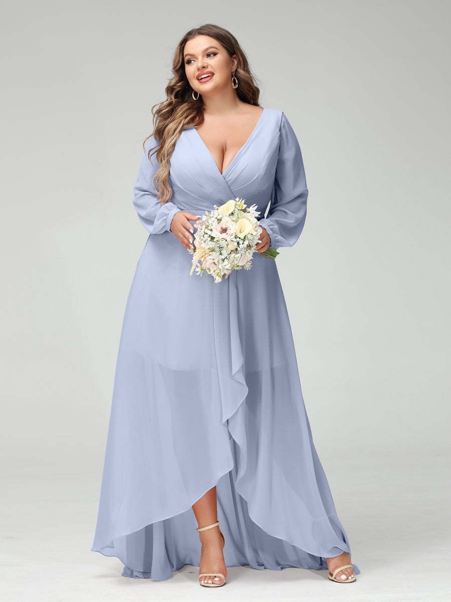 Plus Size Asymmetrical A-Line Bridesmaid Dress with V-Neck and Long Sleeves, Featuring Pockets