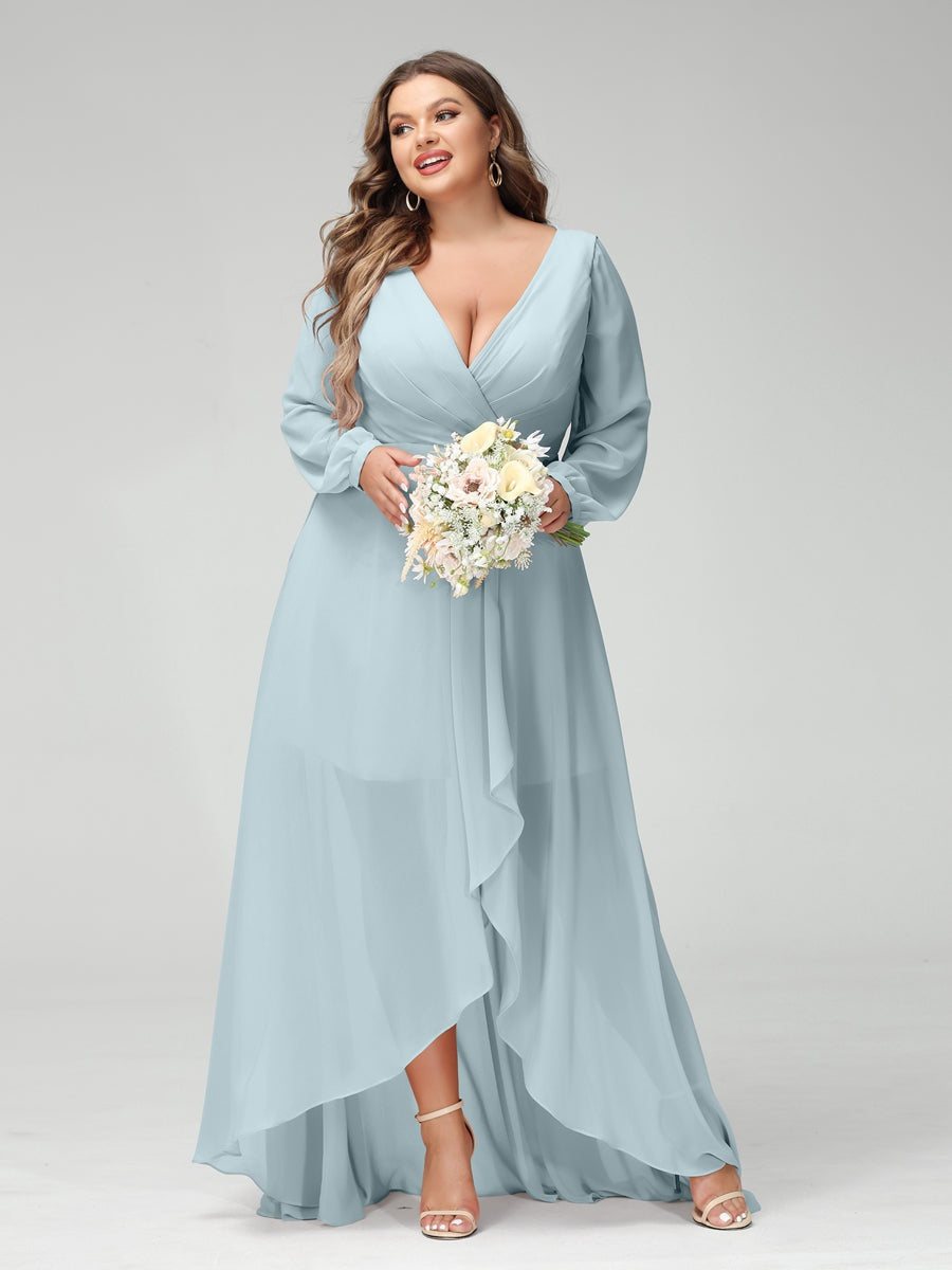Plus Size Asymmetrical A-Line Bridesmaid Dress with V-Neck and Long Sleeves, Featuring Pockets