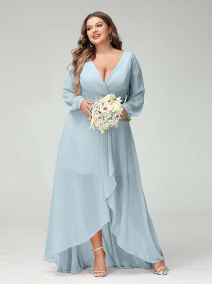 Plus Size Asymmetrical A-Line Bridesmaid Dress with V-Neck and Long Sleeves, Featuring Pockets