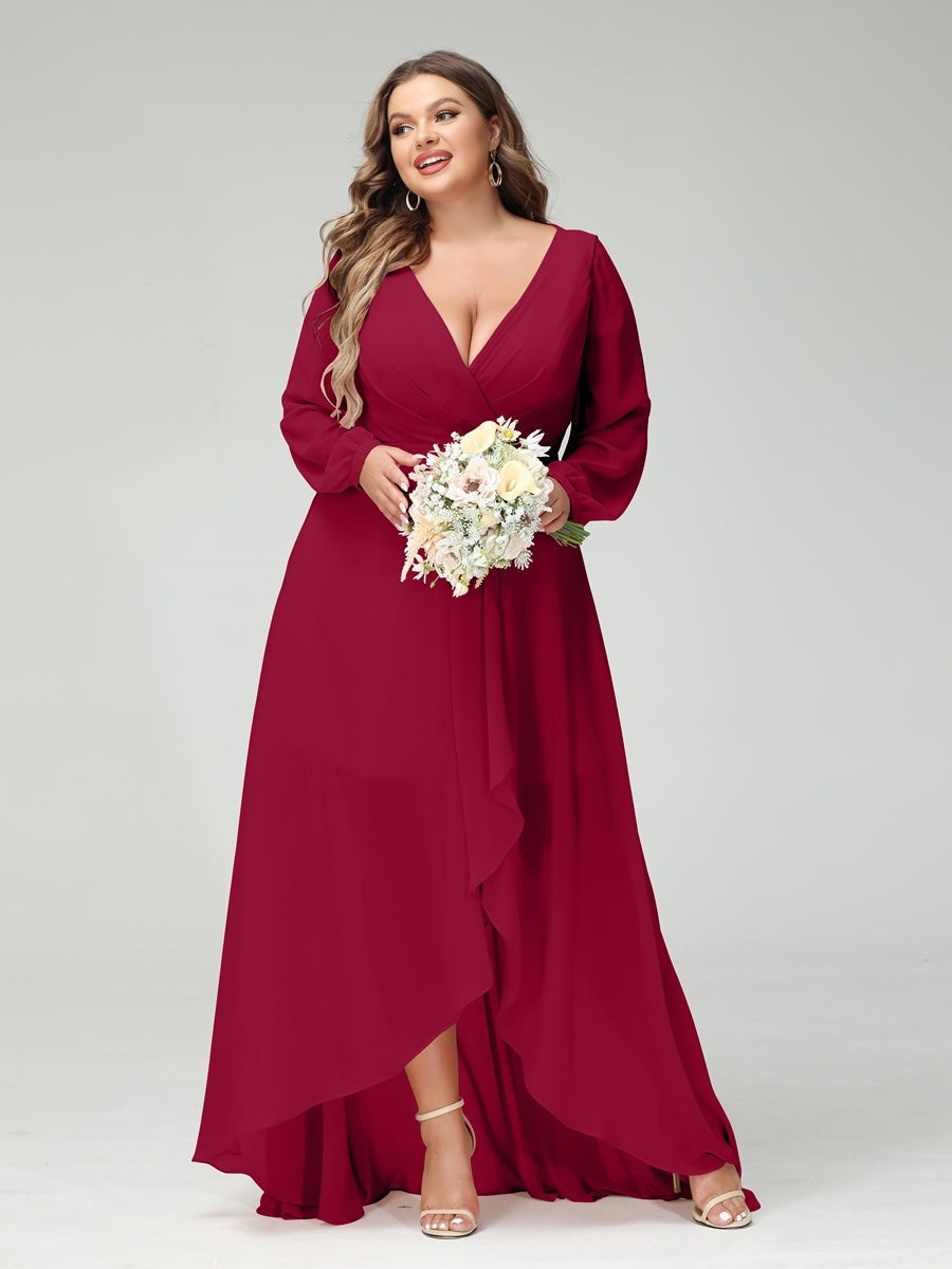 Plus Size Asymmetrical A-Line Bridesmaid Dress with V-Neck and Long Sleeves, Featuring Pockets