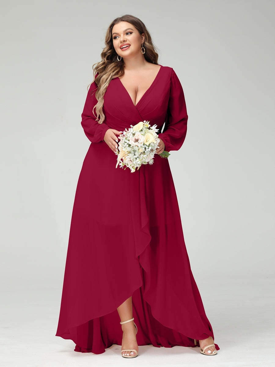 Plus Size Asymmetrical A-Line Bridesmaid Dress with V-Neck and Long Sleeves, Featuring Pockets