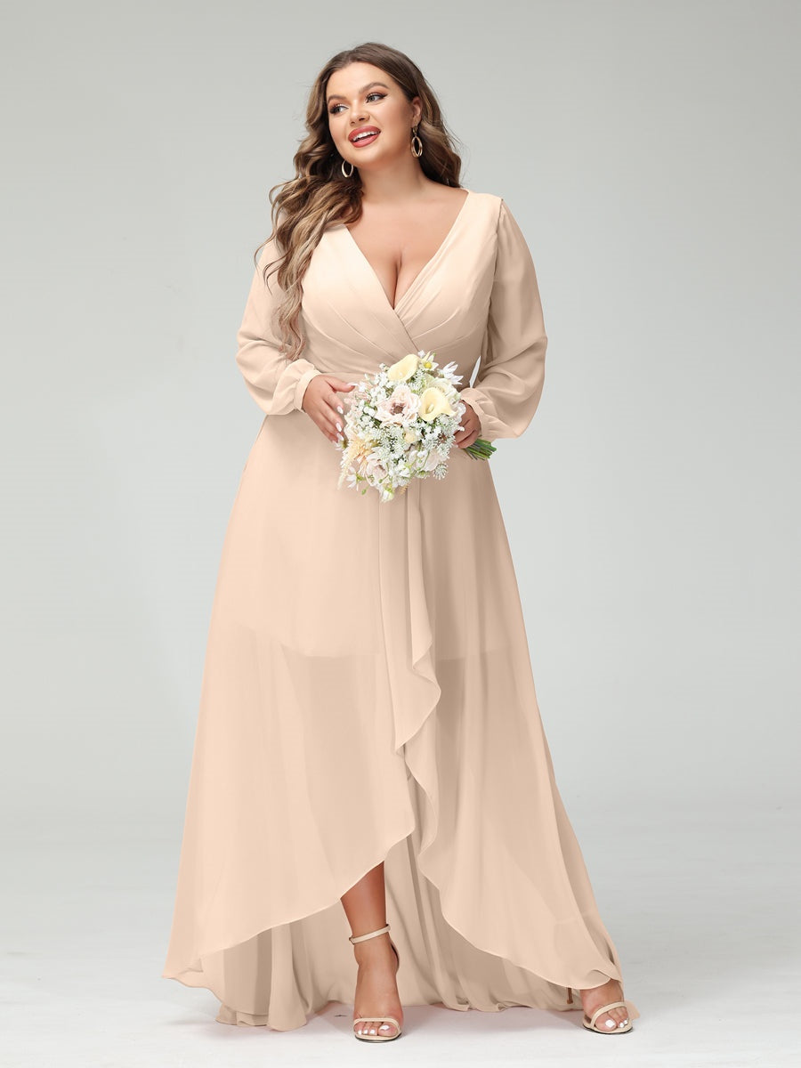 Plus Size Asymmetrical A-Line Bridesmaid Dress with V-Neck and Long Sleeves, Featuring Pockets