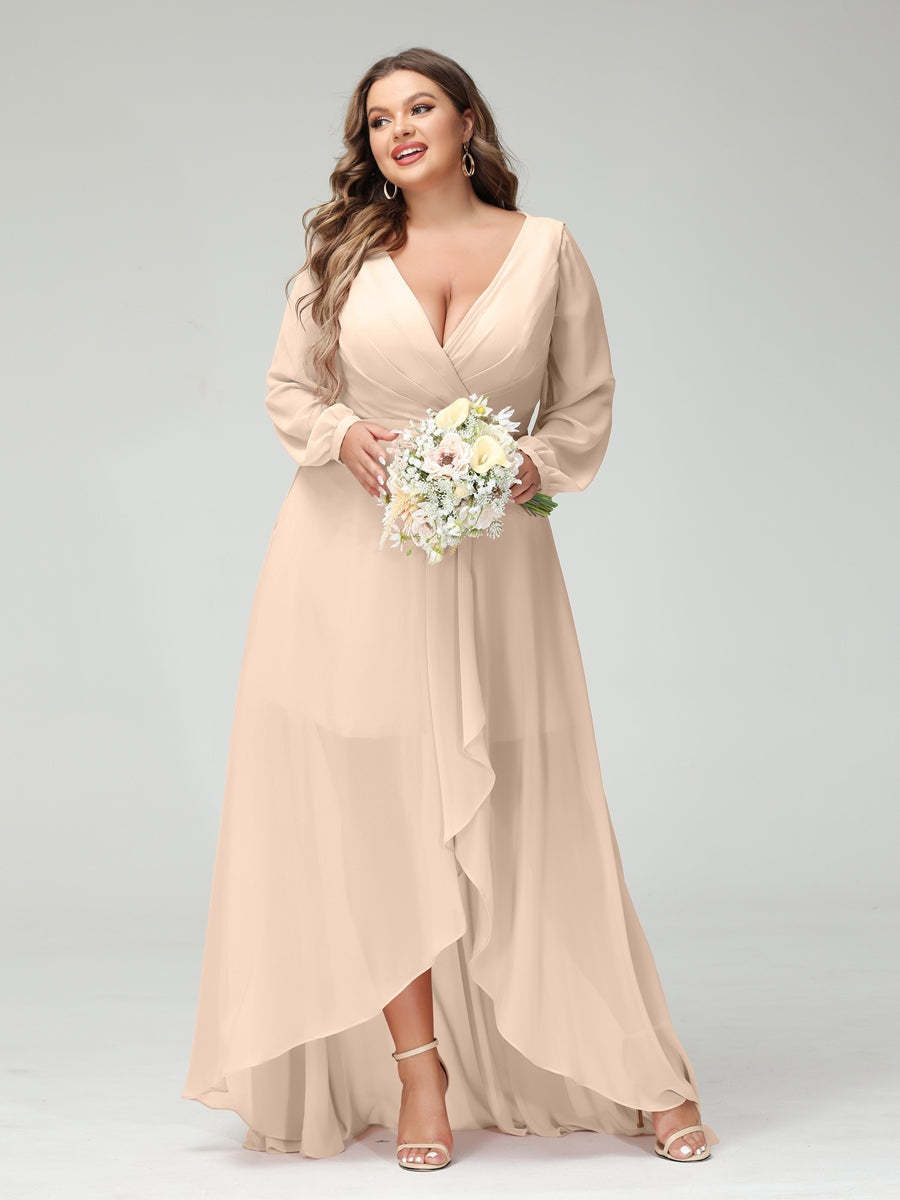 Plus Size Asymmetrical A-Line Bridesmaid Dress with V-Neck and Long Sleeves, Featuring Pockets