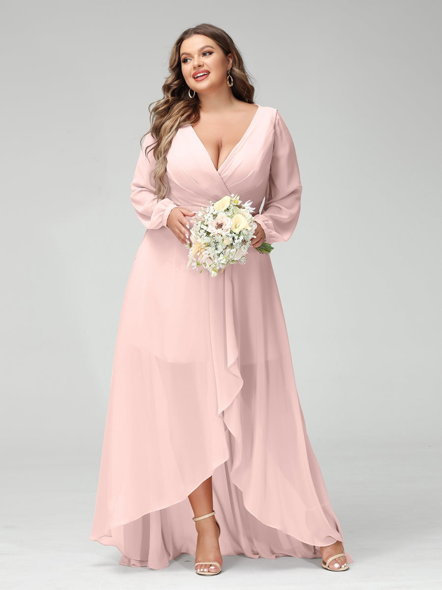 Plus Size Asymmetrical A-Line Bridesmaid Dress with V-Neck and Long Sleeves, Featuring Pockets