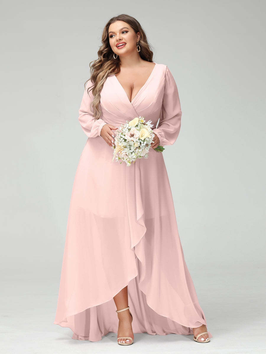 Plus Size Asymmetrical A-Line Bridesmaid Dress with V-Neck and Long Sleeves, Featuring Pockets